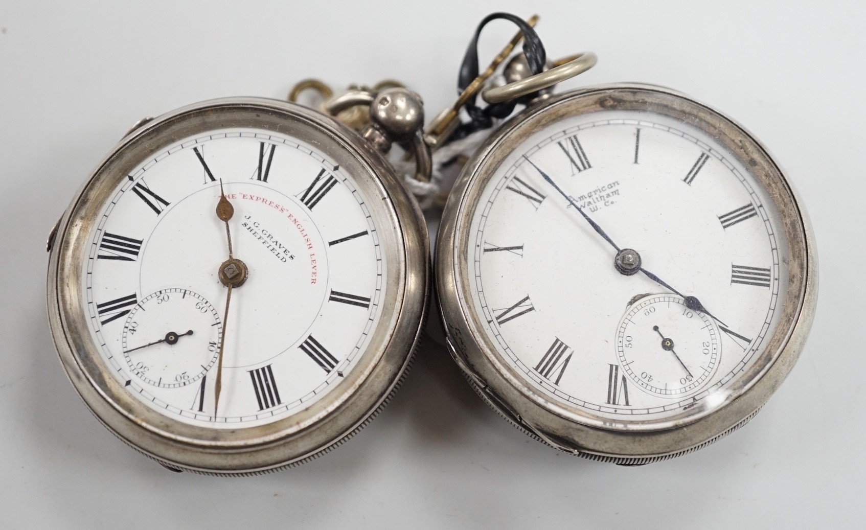 Two silver open face keywind pocket watches, Waltham and Graves of Sheffield.